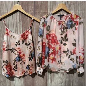 White House Black Market size XS twin set Satin floral sheer tie neck blouse